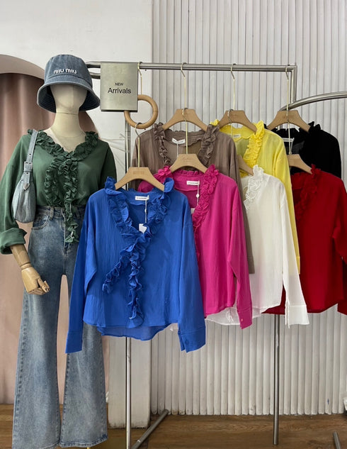 Ruffle Neckline Long Sleeves Tops